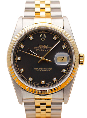 正品[9.8新]劳力士日志型间黄金后镶钻自动机械男表16233