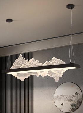 新中式吊灯山水茶室灯售楼部客厅灯中国风复古实木餐厅灯长条吊灯