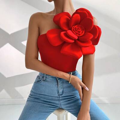 Women's Plain Flower Decorated Fitted Tank Top  Casual