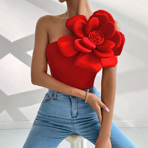 Women's Plain Flower Decorated Fitted Tank Top  Casual