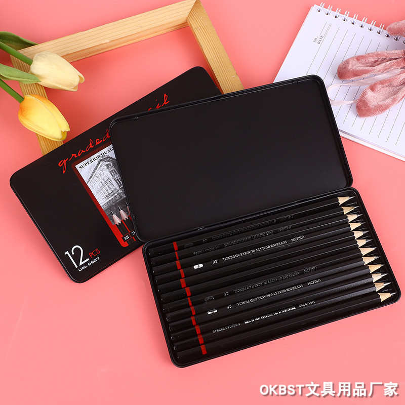 2H-8B素描铅笔套装美术绘图绘画铅笔铁盒装文具用品12支铁盒装
