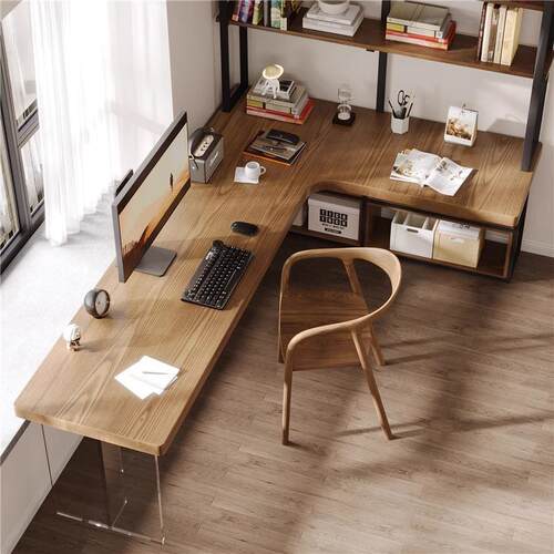 实双人写书木桌书架20250814一体可力收纳字桌L型亚克悬浮桌转角