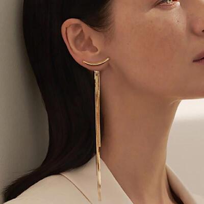 Korean Vintage Glossy Arc Bar Long Tassel Drop Earrings for