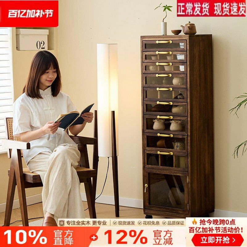 实木带灯茶具收纳柜牙科柜首饰文玩柜子多层抽屉可视玻璃移动角柜