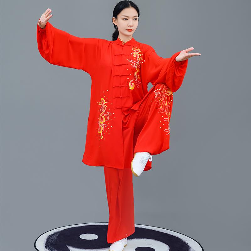 高档马蕾太极中长款红色服女式春夏太极术武表演比赛服刺绣凤舞服