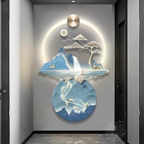 新玄关装饰23121902画轻高档蓝色款灯画鱼图廊过道挂画奢入走户迎