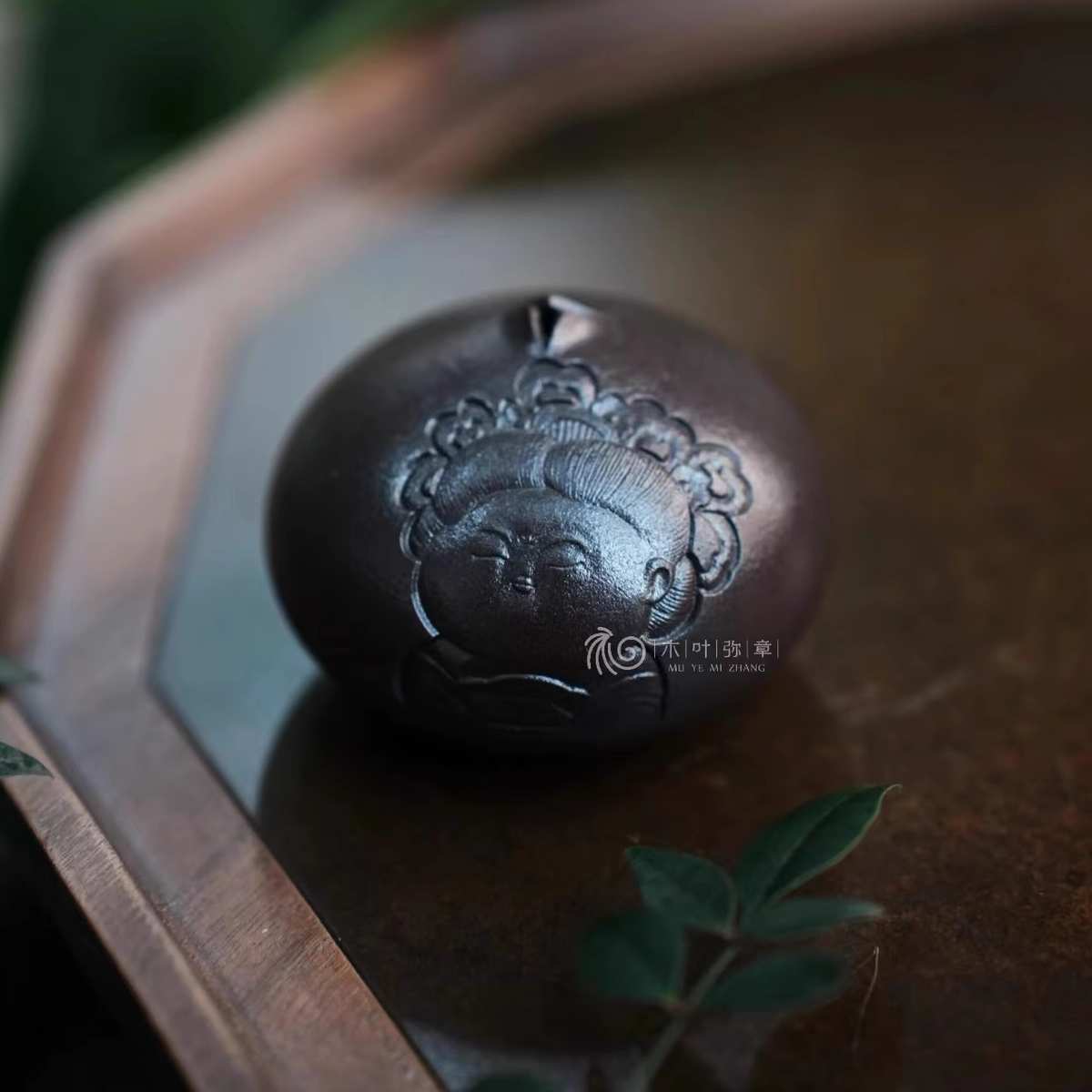 广西坭兴陶纯手工水滴盖置盖托创意摆件茶道紫砂零配件木叶弥章