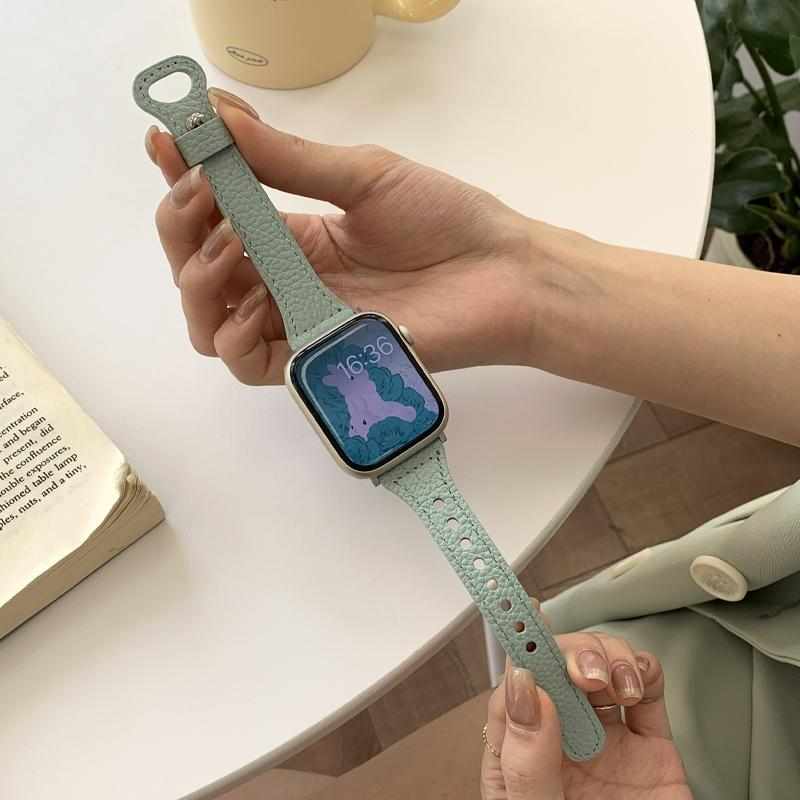 适用applewatch柔软荔枝纹单扣小蛮腰真皮苹果手表表带iwatch78se