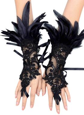 万耶诞节羽毛勾指手套晚宴会派对舞会舞台跳舞黑色蕾丝袖套配饰女