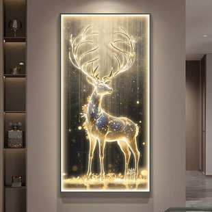 入户玄关装 大气麋鹿客厅壁画灯 饰画现代轻奢高档走廊过道挂画竖版