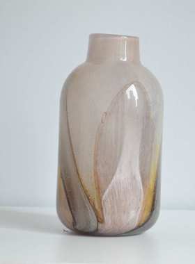 新中式渐变拼色玻璃花瓶粉水墨晕染插花器复古高级感软装摆件装饰