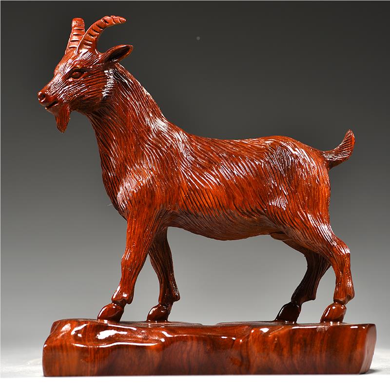 饰花梨木生肖山木羊雕摆件木质雕刻动物领头羊家居装补GG0927角红