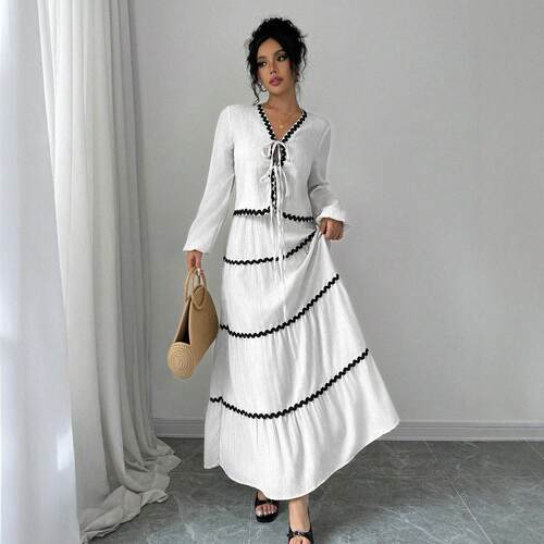 Women Colorblock Tie Front Skirt Two Set Chic Casual Bishop