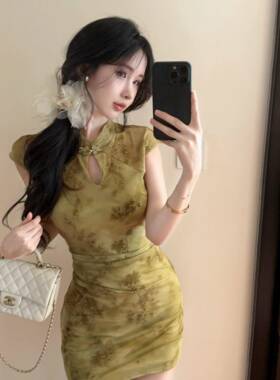 绿色设计感性感风新中式改良旗袍洋装女装夏季气质绝美包臀短裙