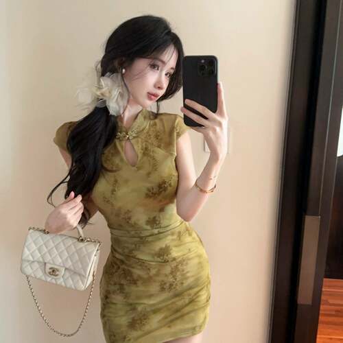 绿色设计感性感风新中式改良旗袍洋装女装夏季气质绝美包臀短裙