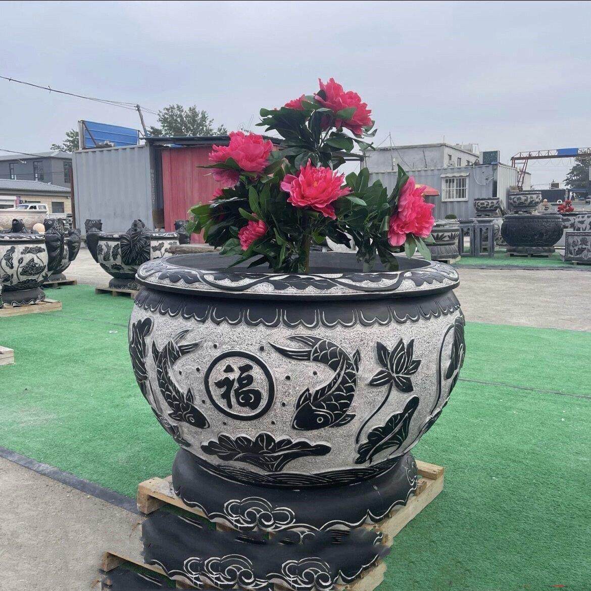 庭院石雕鱼缸门海户外石头大缸荷花石缸仿古石盆鱼池青石水缸定制
