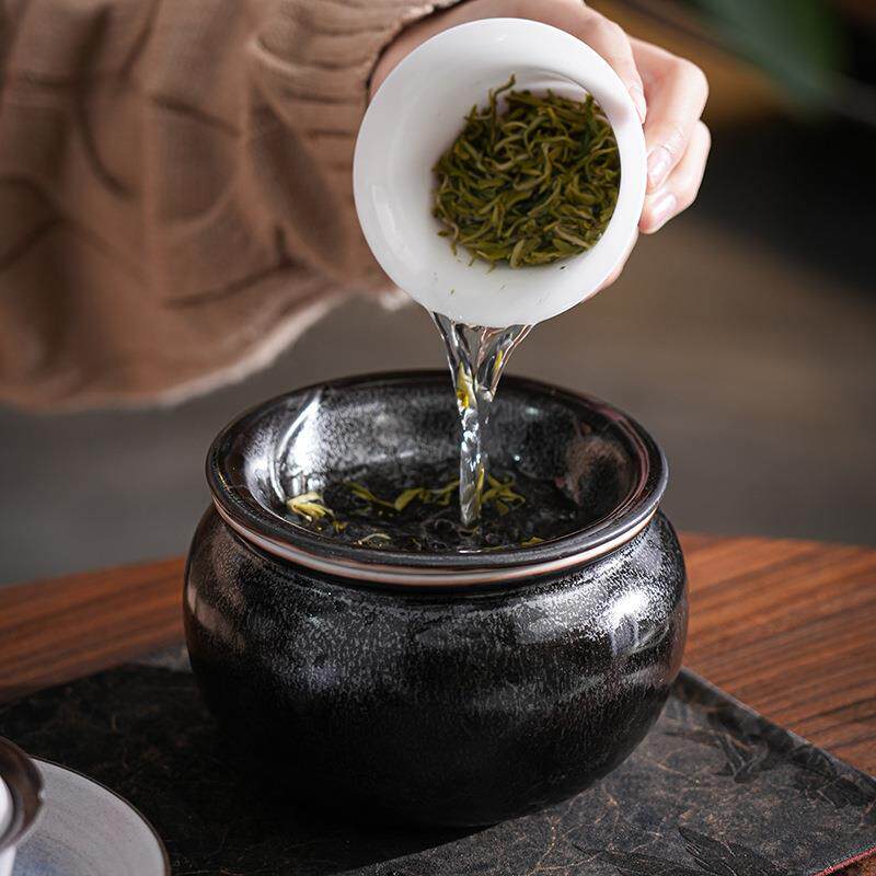 家用桌面茶渣缸过滤废水桶陶瓷建水带盖过滤茶洗复古茶桶茶道配件