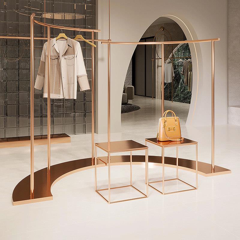 服装店展示架落地式不锈钢玫瑰金挂衣架子女装店弧形中岛陈列货架