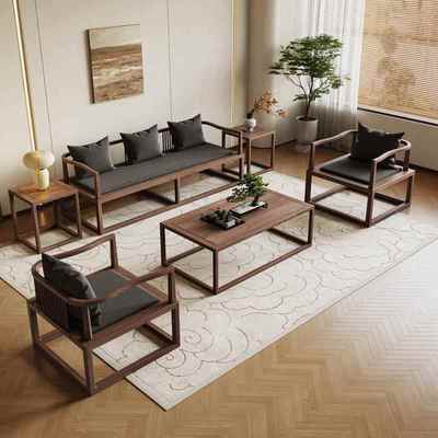 新中式北美黑胡桃木宋式美学沙发组合实木禅意办公室冬夏两用家具