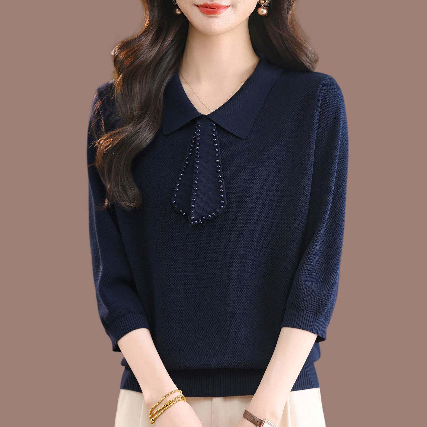 妈妈装春秋七分袖翻领针织衫女T恤宽松大码钉珠飘带冰丝打底上衣