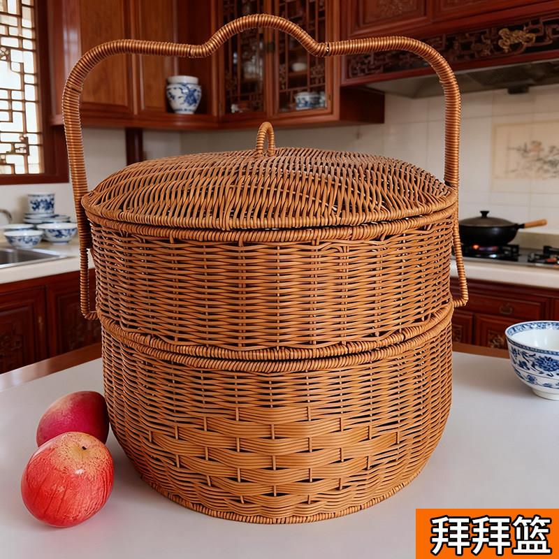 编织多层超大号圆形祭祖拜财神仿藤收纳篮花篮水果篮拜拜手提篮子