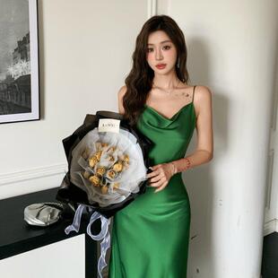 高端醋酸真丝多巴胺吊带洋装女夏仙女温柔风绿色斜裁内搭长裙子