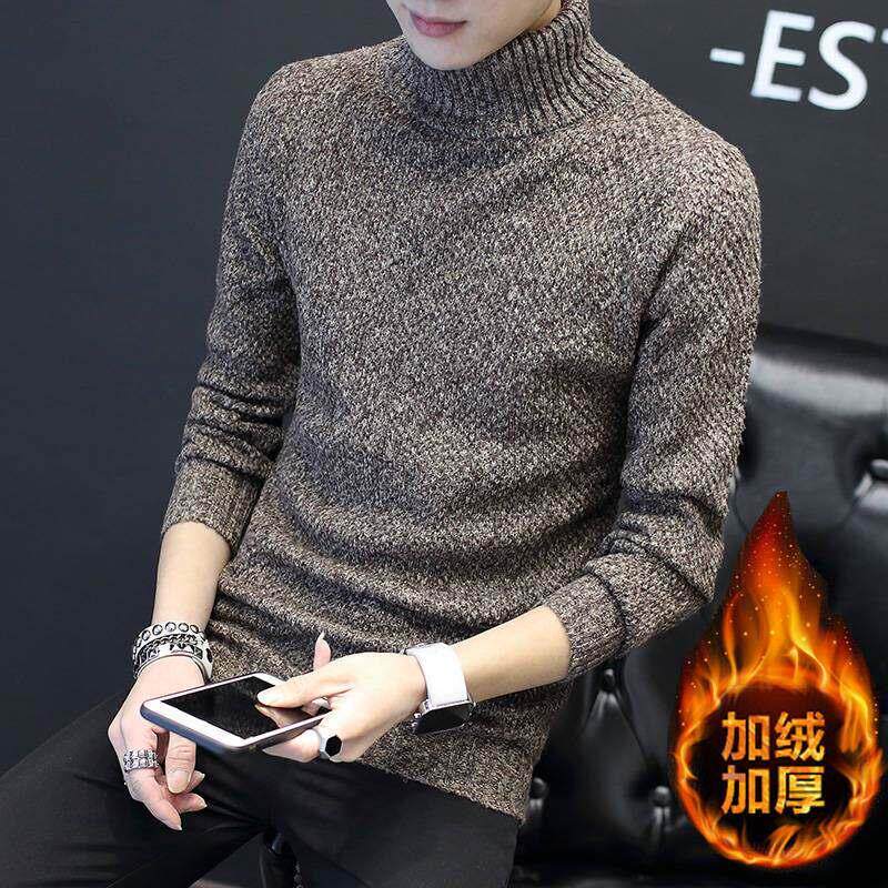 冬季修身翻领针织衫男潮牌加绒加厚高领毛衣秋装新款休闲打底上衣