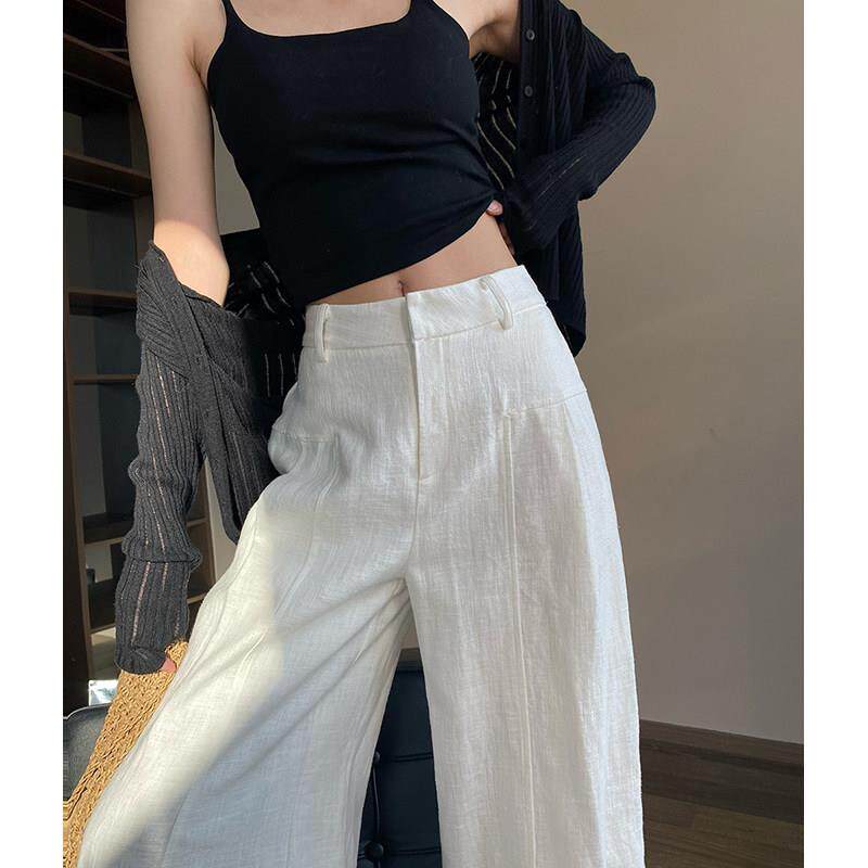 老钱风白色亚麻苎麻西装直筒裤女夏季薄款高腰垂感棉麻阔腿休闲裤