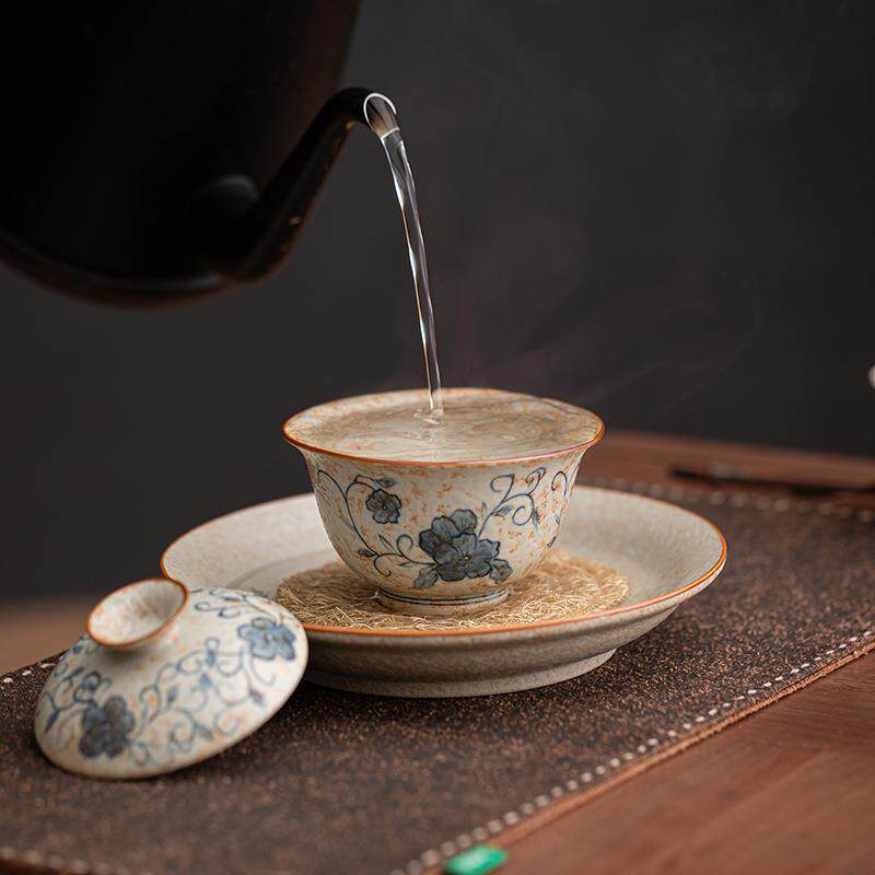 中式手绘缠枝莲茶壶盖碗托盘复古焦糖釉粗陶壶承小号茶台 可开发