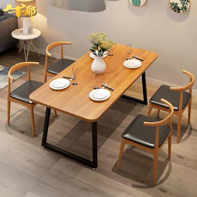 北欧铁艺实木餐桌椅组合饭店火锅店长方形桌椅复古餐厅小吃店饭桌