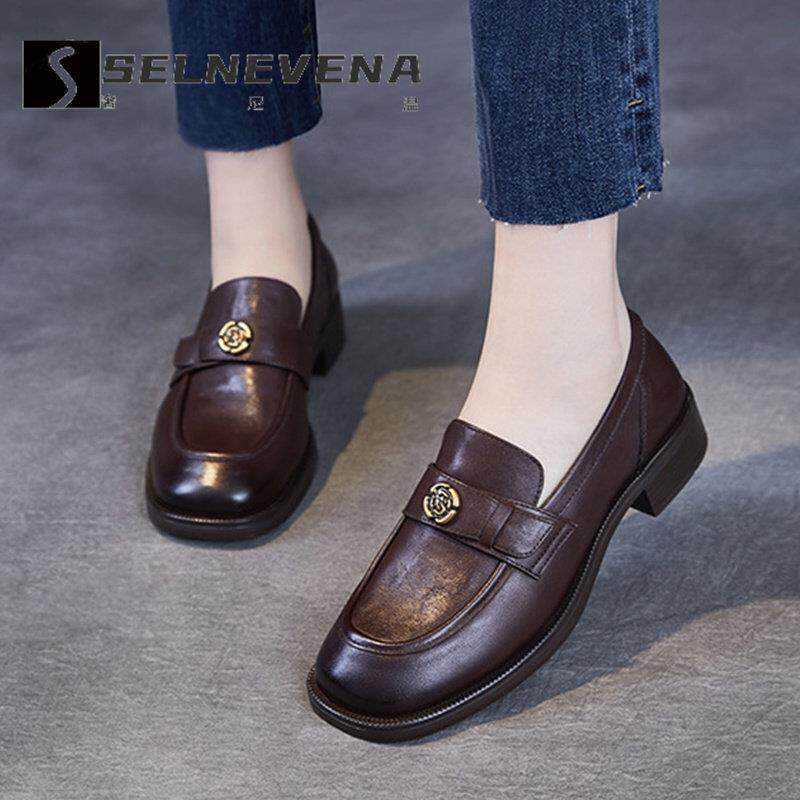 SELNEVENA法式乐福鞋女2025新瘦版山茶花通勤低跟真皮包鞋小皮鞋