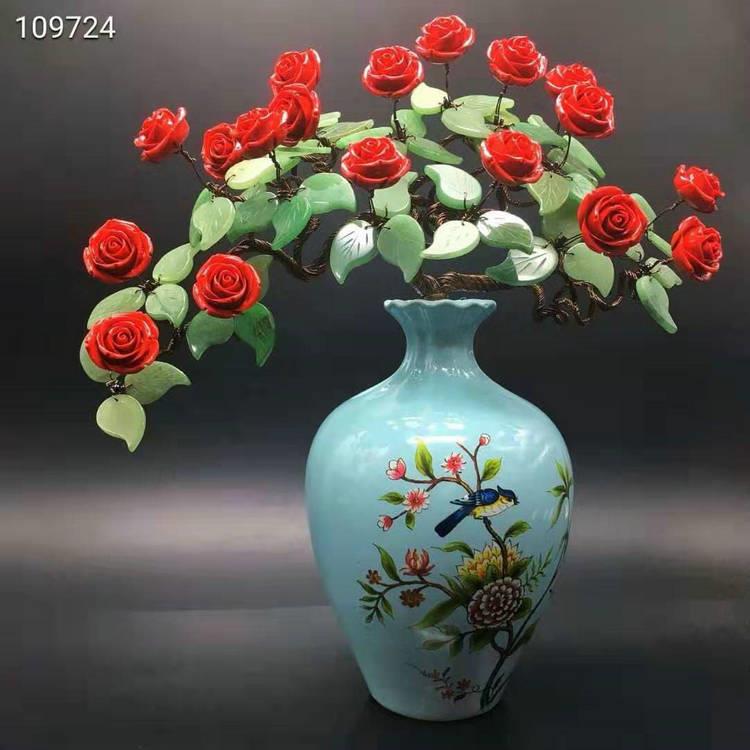 居家摆件朱砂红玫瑰 朱砂仿真玫瑰花客厅花瓶摆放装饰