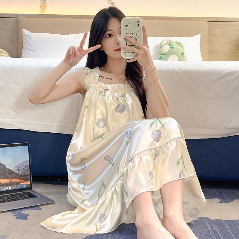 睡裙女夏季自带胸垫冰丝凉感吊带睡衣夏天女士甜美可爱居家服春秋