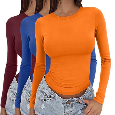 3 Women Thermal Underwear Tops Color Crew Neck Sleeve Base