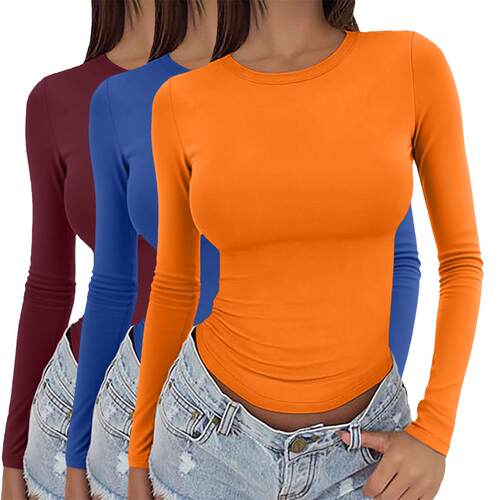 4 Women Thermal Underwear Tops Color Crew Neck Sleeve Base