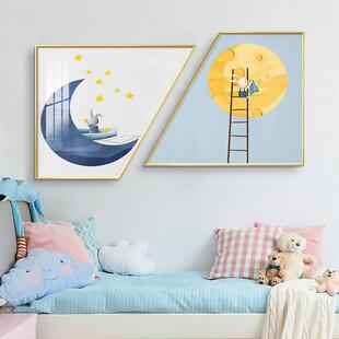 网红北欧儿童梯房卧室床装馨饰画温头萌宠动物走形两联挂画客厅廊