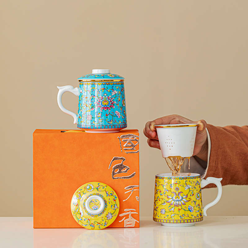 办公水杯珐琅彩盖带办公茶水陶瓷家用杯大容量杯杯分离泡茶高档杯