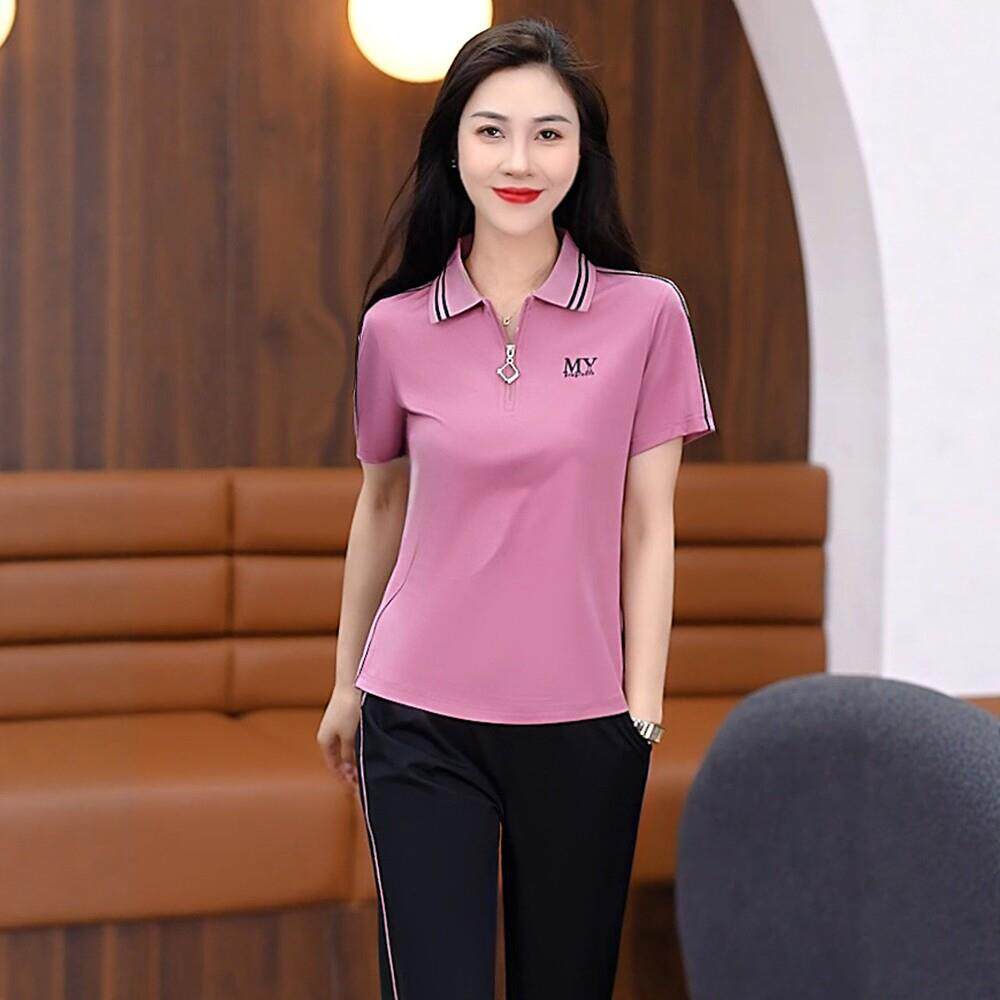 短袖POLO衫阔腿裤休闲运动套装女夏季新款冰丝薄款洋气显白两件套