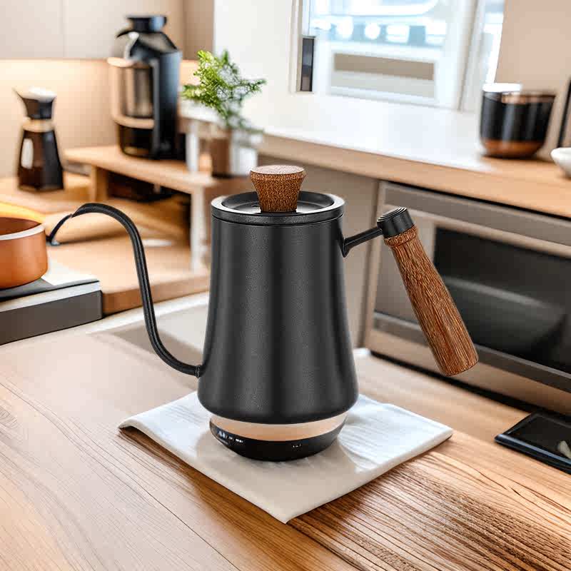 304不锈钢手冲咖啡壶带盖挂耳长嘴细口壶带温度计内刻度咖啡器具