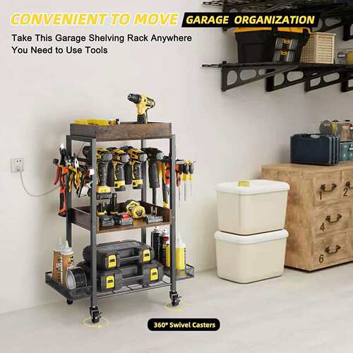 Rolling Tool Organizer Cart with Power Tool Holder  3-Tier