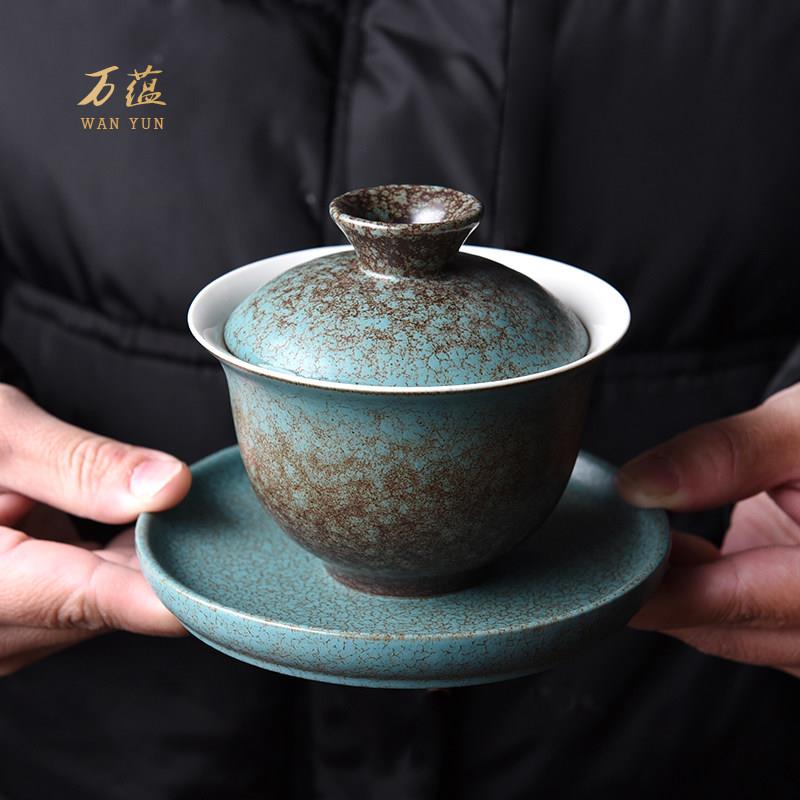万蕴 日式盖碗古绿窑变泡茶碗陶瓷功夫茶具覆古三才盖碗家用茶碗