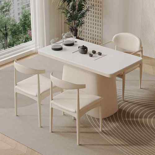 风小户型奶阳油台茶桌椅组合泡简约家商用岩NNO板茶台烧水壶一体