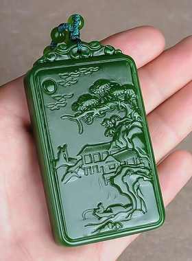 厂家批发仿和田玉碧玉山水牌吊坠男款双面雕刻菠菜绿山水意境玉牌