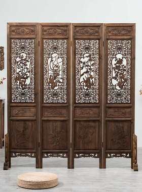 lmn屏风复古做旧折屏雕花中国风玄关客厅新中式实木仿古移动花格