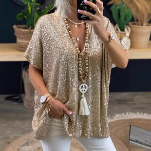 sequined pullover shirt women Short for sleeved