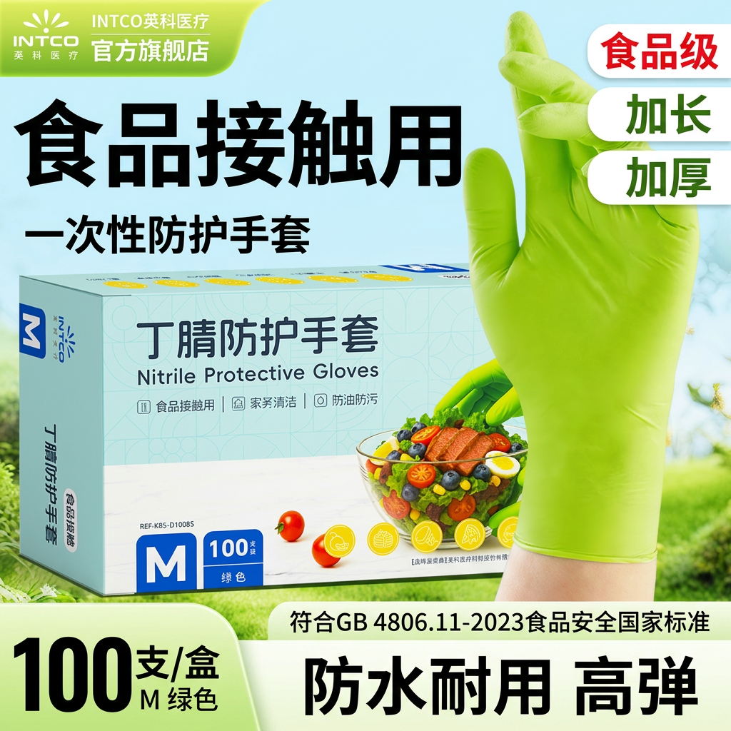 英科一次性丁腈手套加长食品级厨房家务洗碗耐用防水高弹加厚烘焙