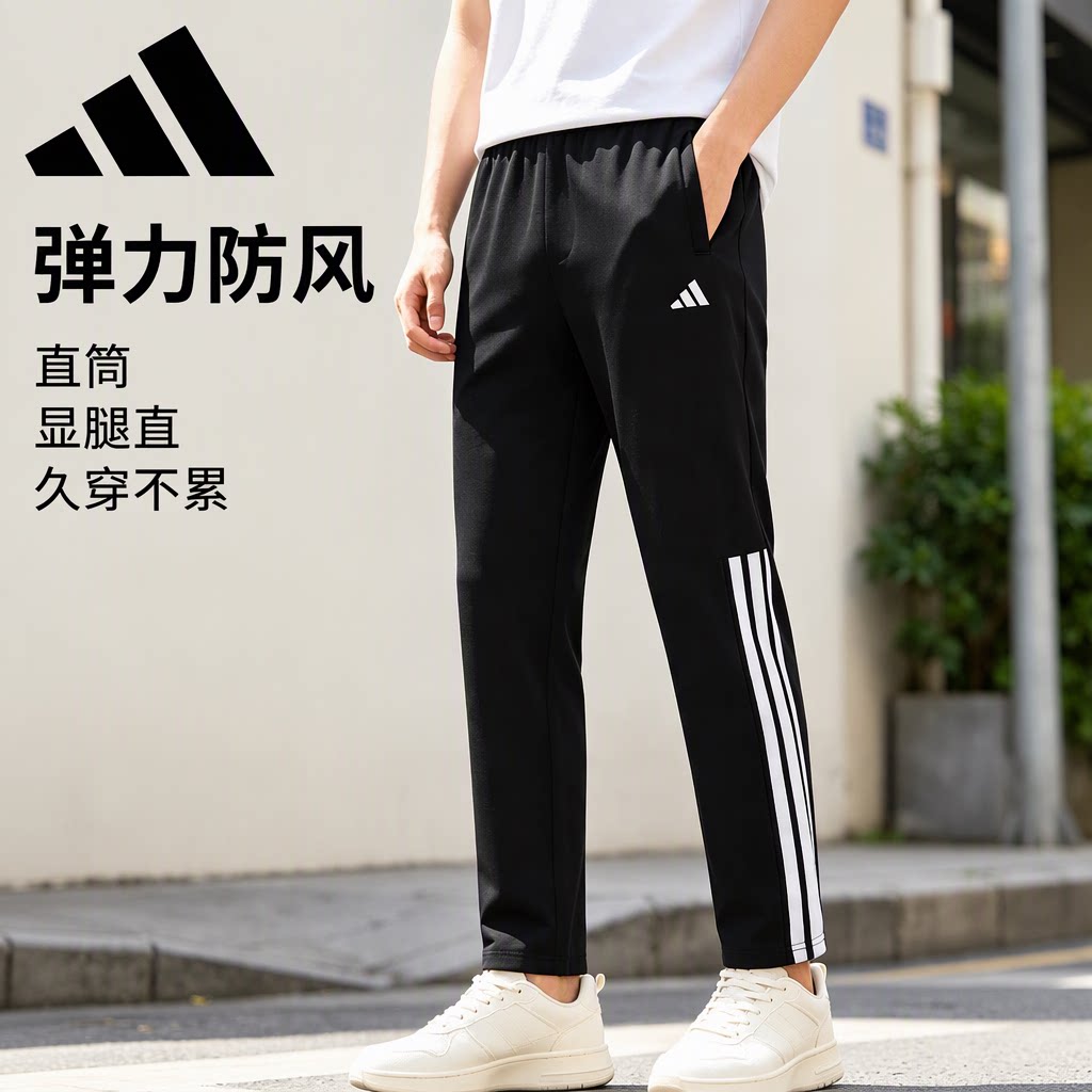 Adidas阿迪达斯三条纹运动长裤男士秋季直筒防风弹力休闲68%棉