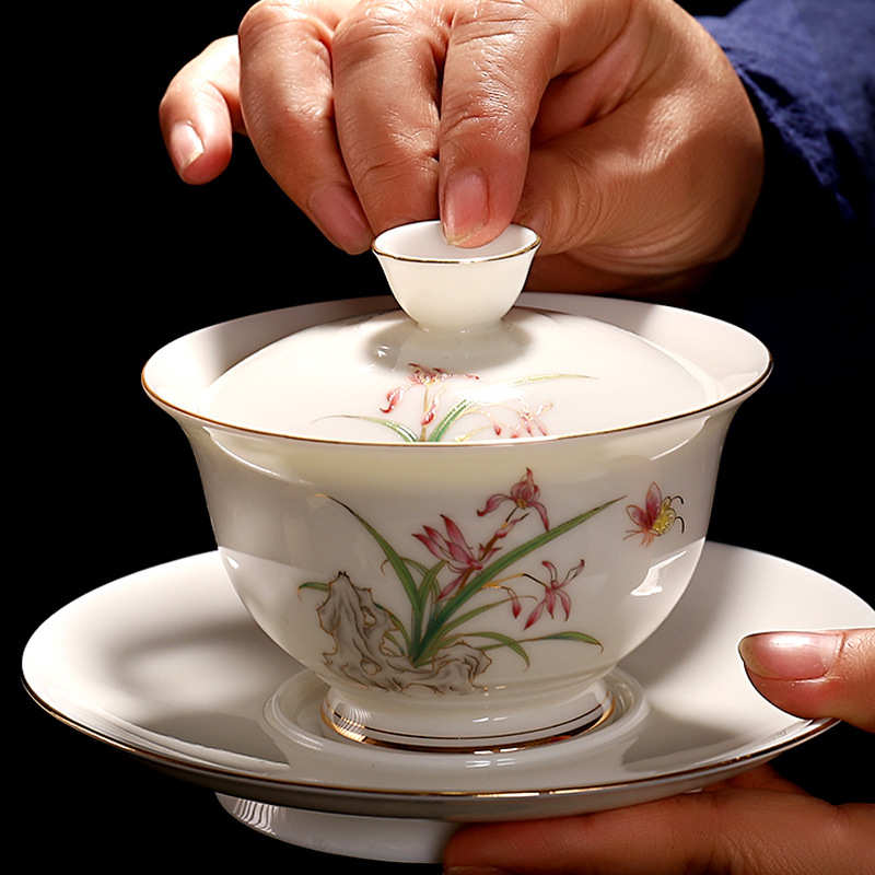 德化白瓷羊脂玉家用茶具便捷陶瓷三才盖碗大号泡茶  茶具礼品套装