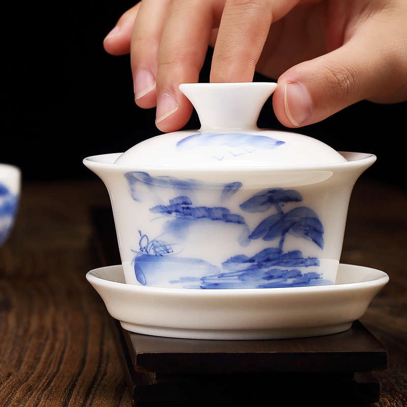青花瓷三才盖碗茶杯茶盖碗功夫茶具泡茶碗套装陶瓷白瓷碗功夫单个