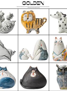 覆古怀旧卡通肥猫肥马抽象动物摆件现代中式手绘陶瓷彩色陶器摆件